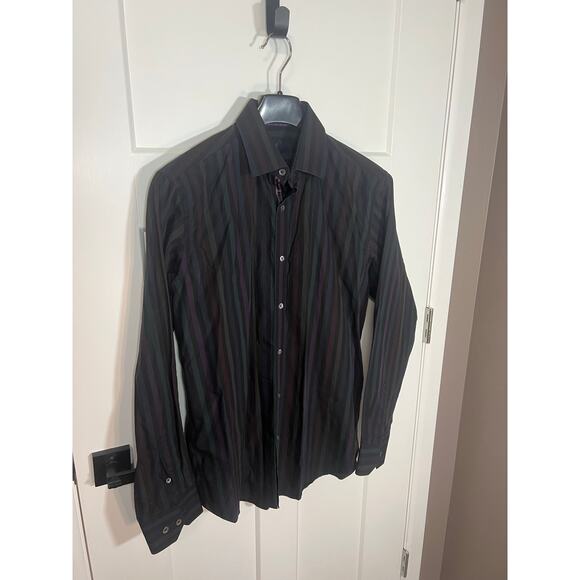 BUGATCHI UOMO Men’s Button Front Long Sleeve Striped Shirt Size‎ M Medium Cotton - Picture 2 of 7